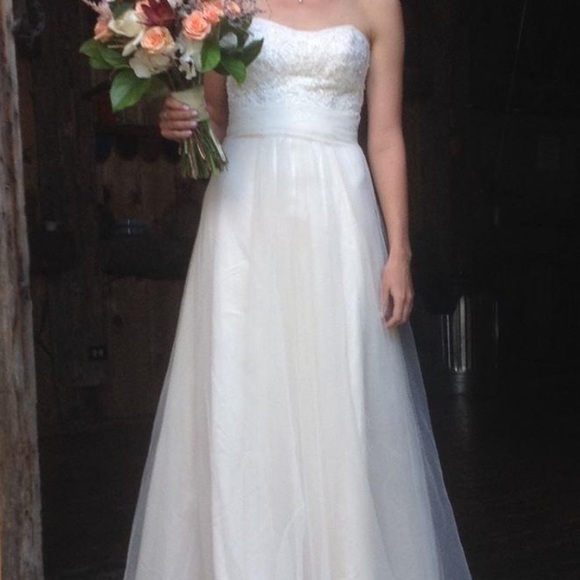 Strapless A-Line Beaded Lace Tulle Wedding Dress - Picture 5 of 13